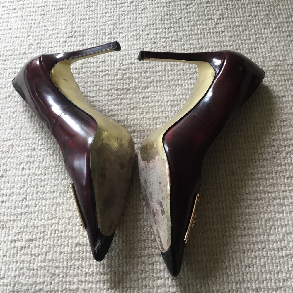Coach Burgundy Patent Pointed-Toe Pumps with Gold Toe Plate - Picture 13 of 13